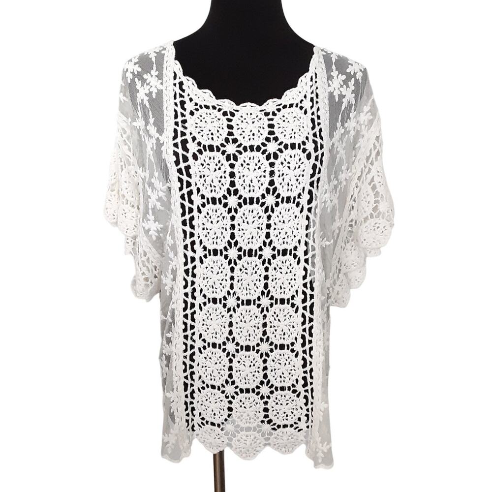Vintage Crochet Knit Tunic Top Bohemian Macrame Sheer Lace Sz S Festival Gypsy